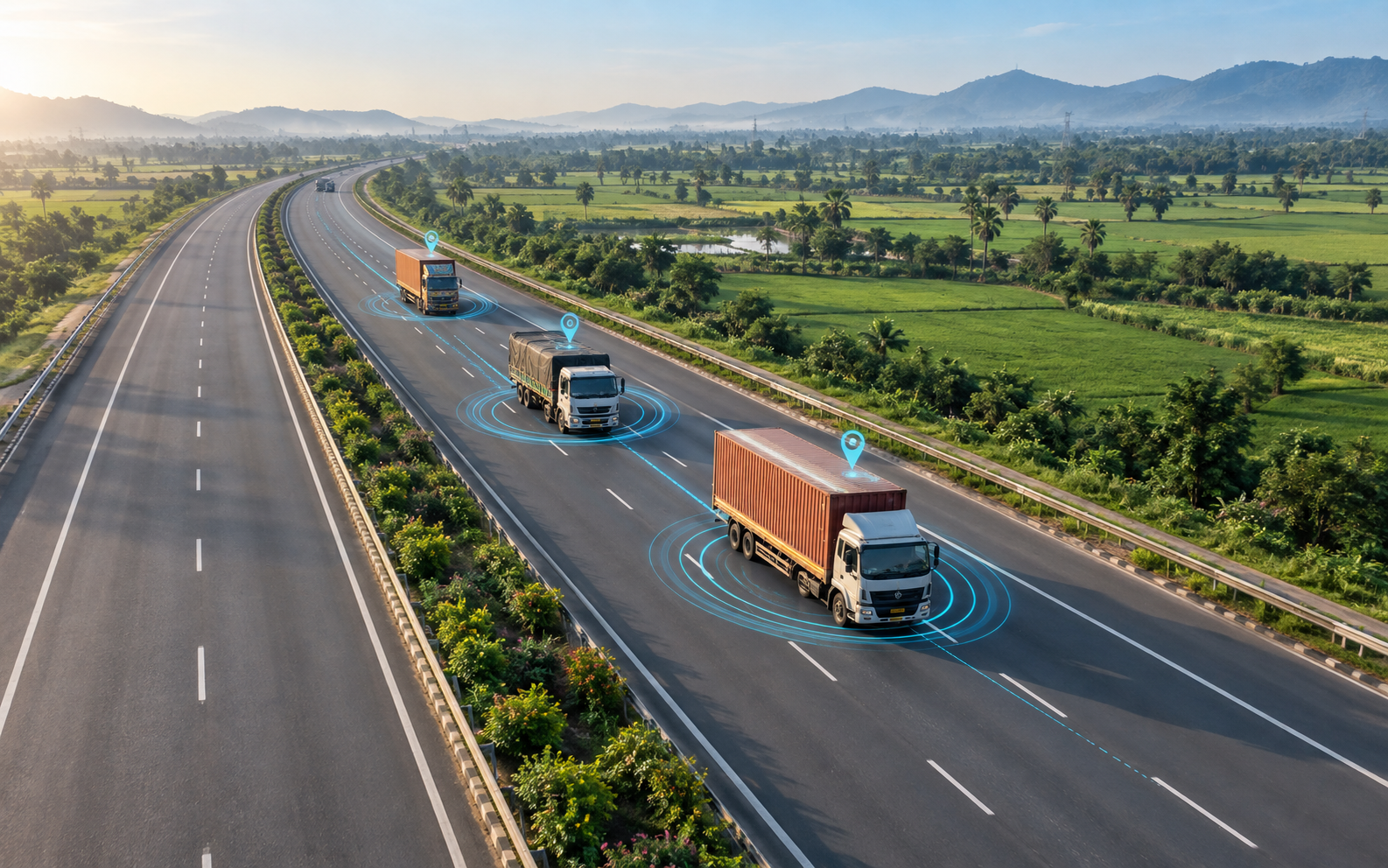 Connected commercial trucks travelling on an Indian highway with fleet tracking overlays
